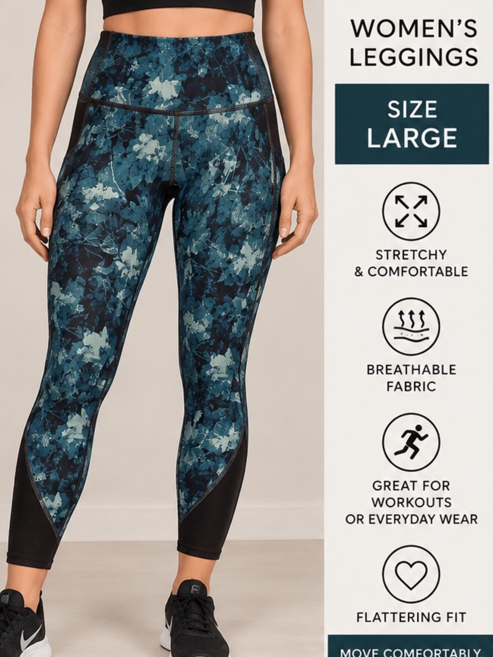tek gear Blue Floral High-Waist Leggings with Black Panels SIZE LARGE